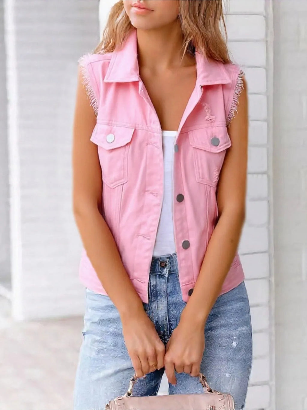 Full Size Sleeveless Frayed Denim Vest Jacket Plus product image 1