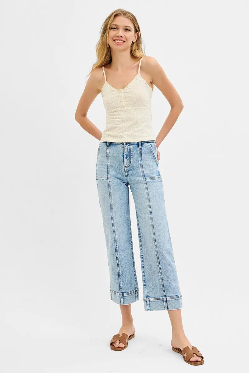 RISEN Full Size High Rise Crop Wide Front Seam Detailed Jeans Plus Size
