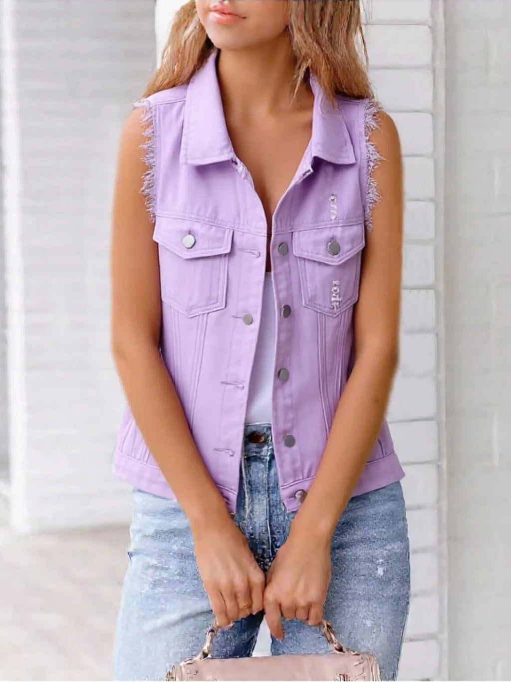 Full Size Sleeveless Frayed Denim Vest Jacket Plus product image 4
