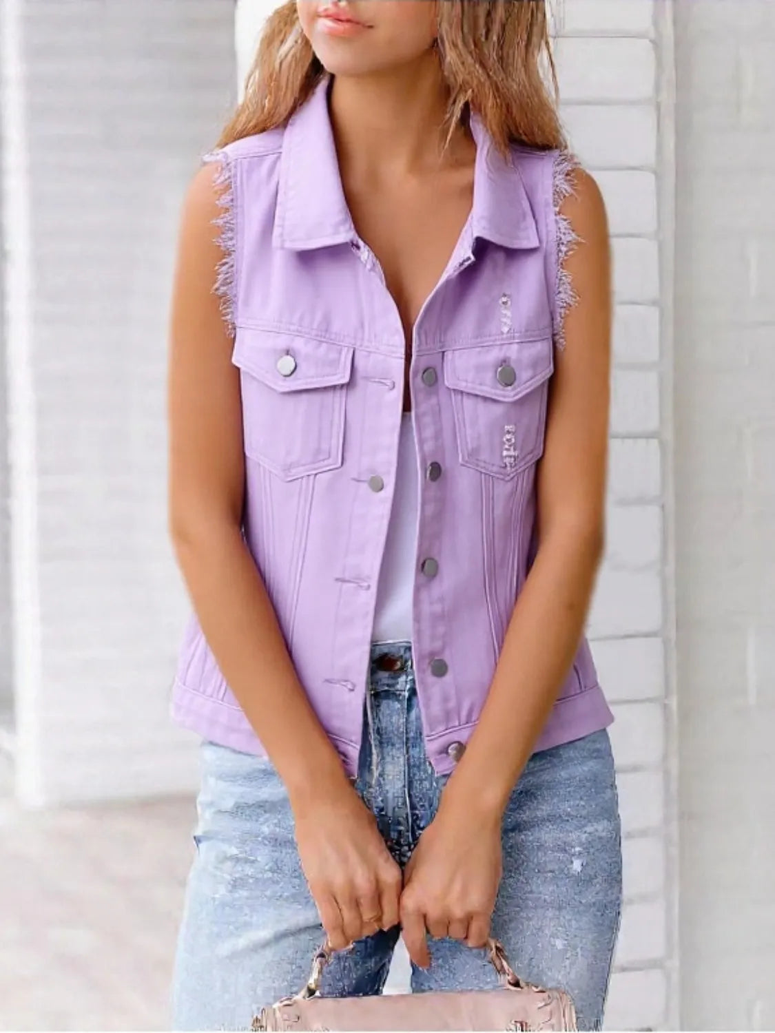 Full Size Sleeveless Frayed Denim Vest Jacket Plus product image 4