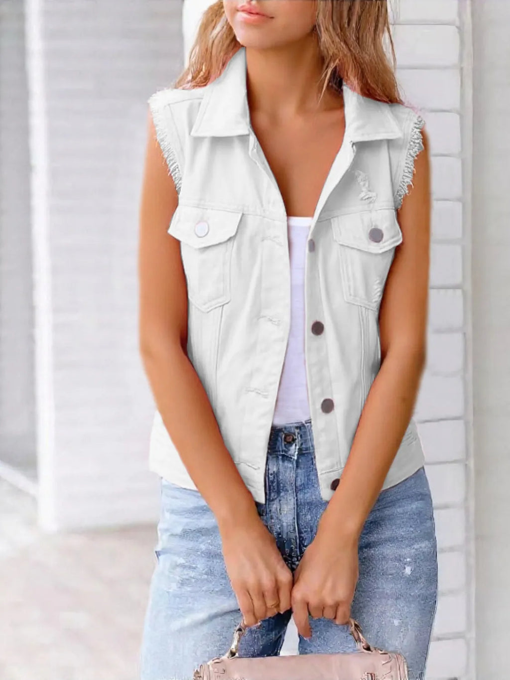 Full Size Sleeveless Frayed Denim Vest Jacket Plus product image 9