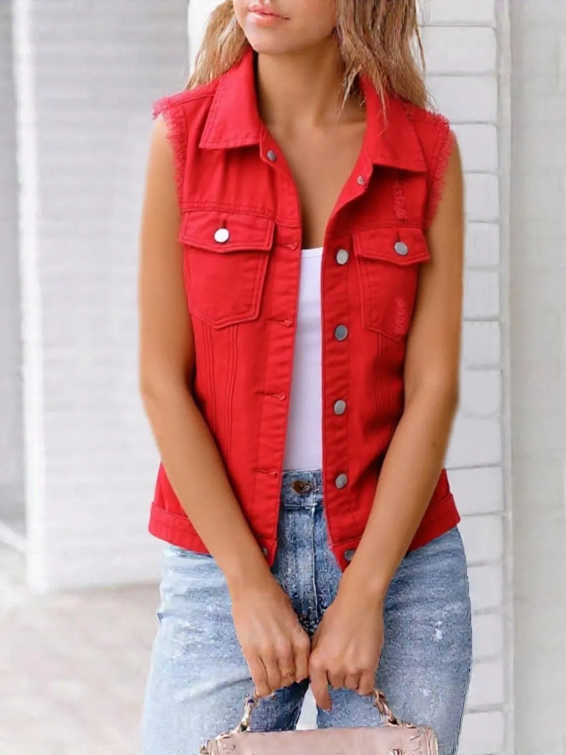Full Size Sleeveless Frayed Denim Vest Jacket Plus product image 7